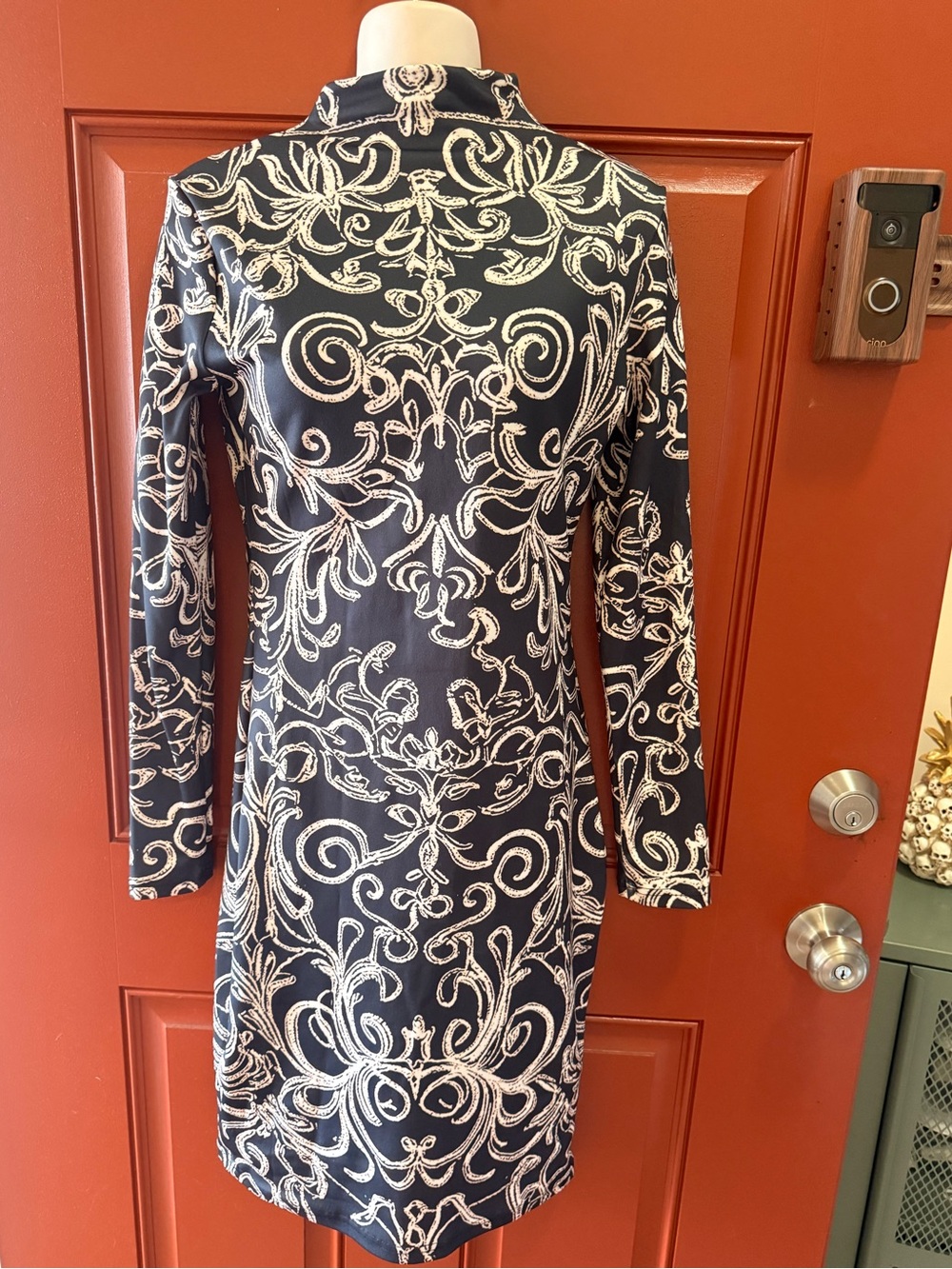 NWOT SHEIN Baroque Print Long Sleeve Mandarin Collar Midi Dress